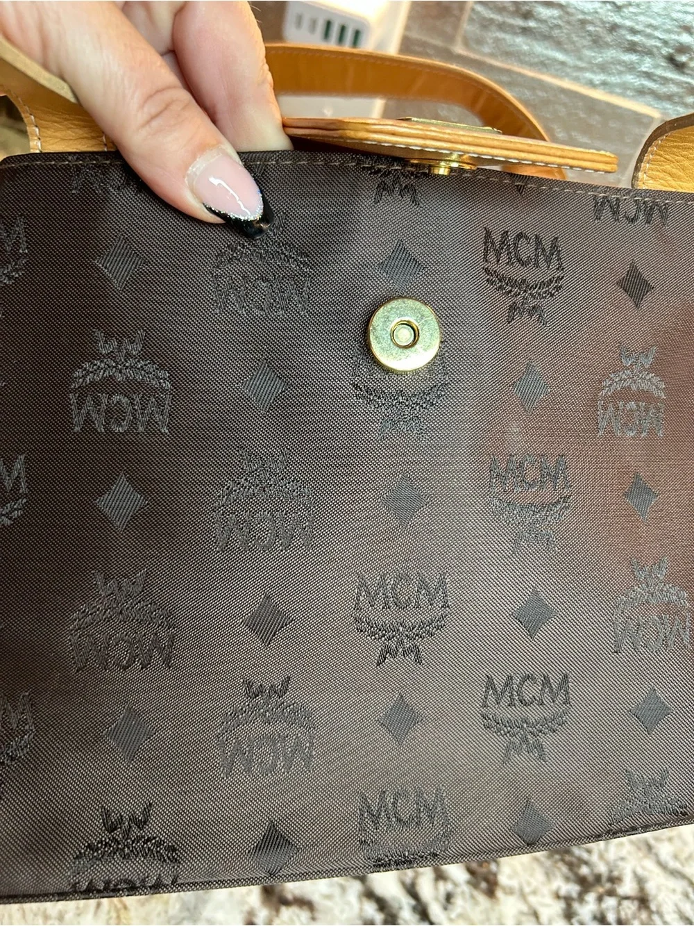 MCM Vintage Mini Tote in Dark Brown with Tan Leather Trim like new